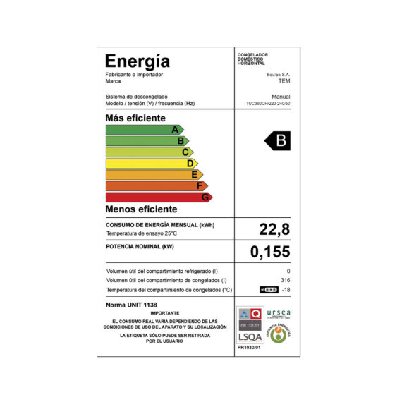 FREEZER TEM HORIZONTAL 316 LTS BLANCO TUC360TH - Imagen 6