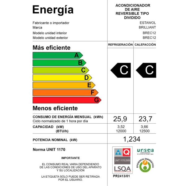 AIRE ACONDICIONADO BRILLIANT 12000BTU ON/OF BRET12 - Imagen 3